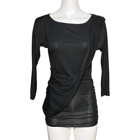 Alice + Olivia Black Stretch Knit Top Boat Neck Draped Ruched Solid Size XS - Picture 1 of 8